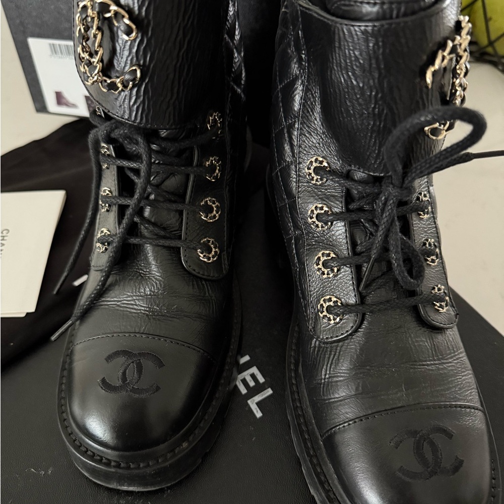 CHANEL Black Leather Boots with Gold Accents - Picture 6 of 12